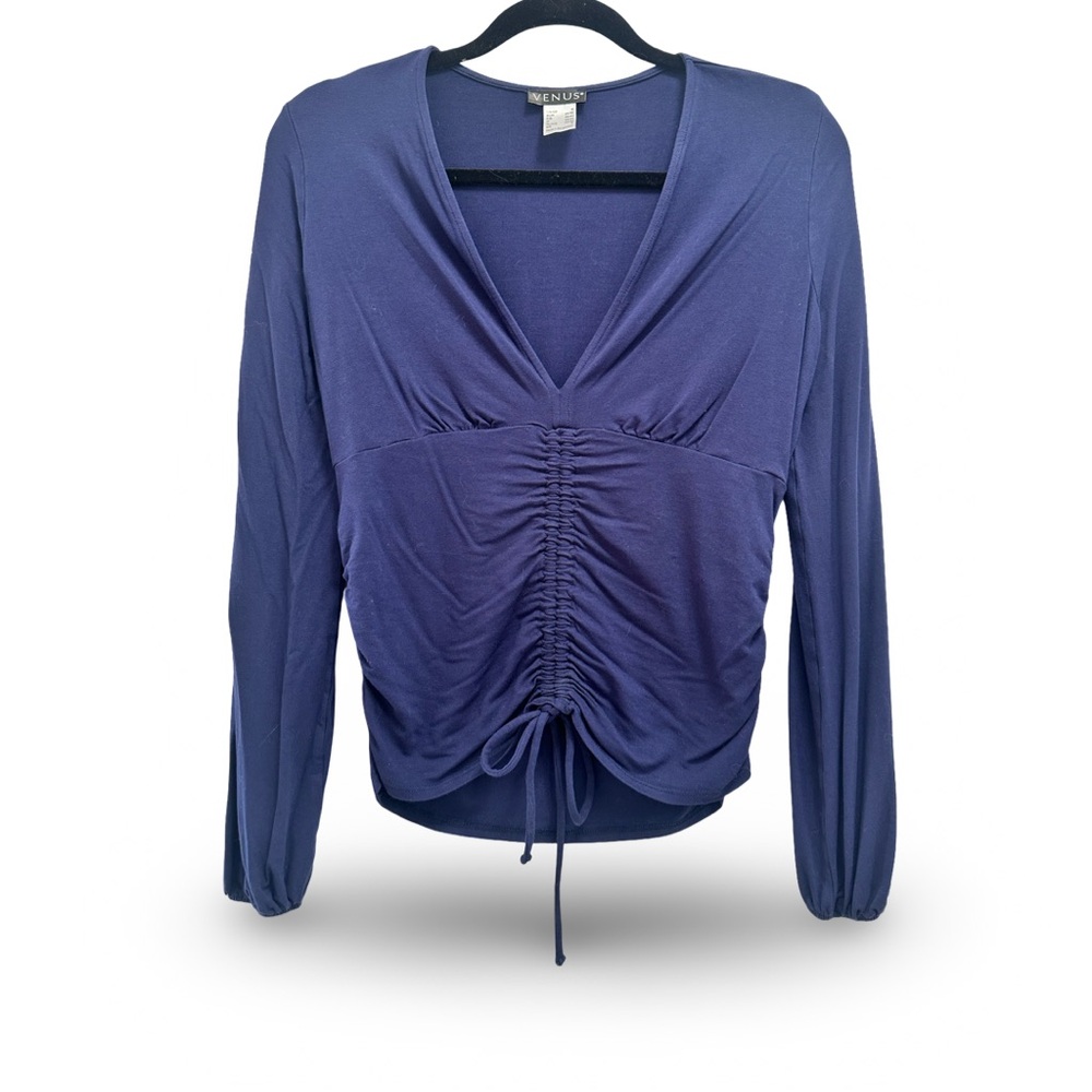 Women's Blue Ruched V-Neck Top